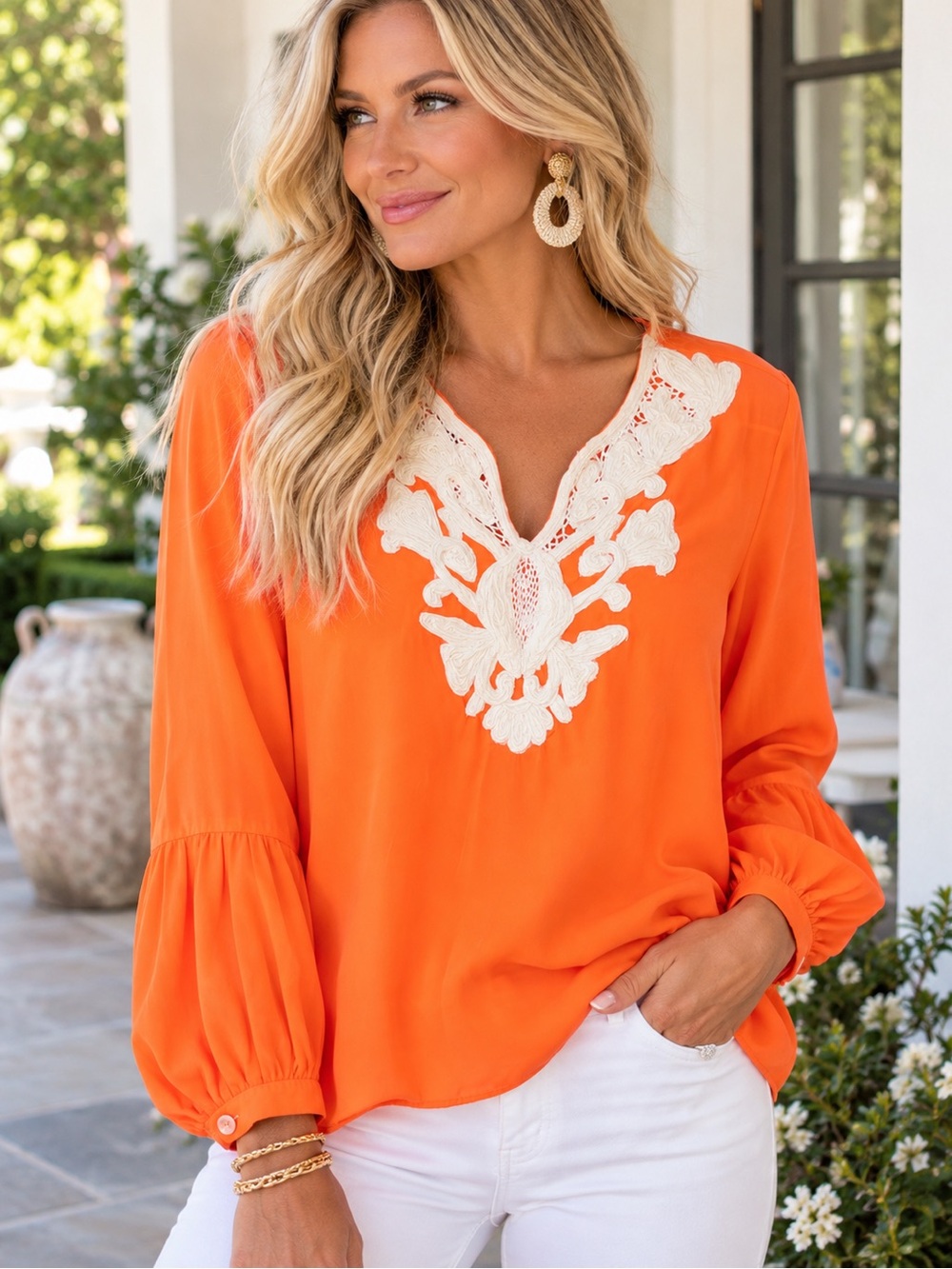 Chicoโs Orange Embroidered Tunic Blouse Size 1 / US M 8-10 Bell Sleeve Boho